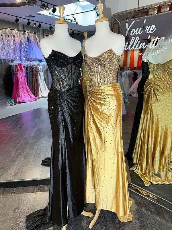Emerald Green Mermaid Strapless Corset Beaded Prom Dress With Slit And Ruched Waist