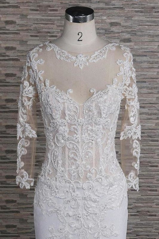 Applicazioni di Perline Abito da Sposa Elegante a Maniche Lunghe a Coda di Sirena