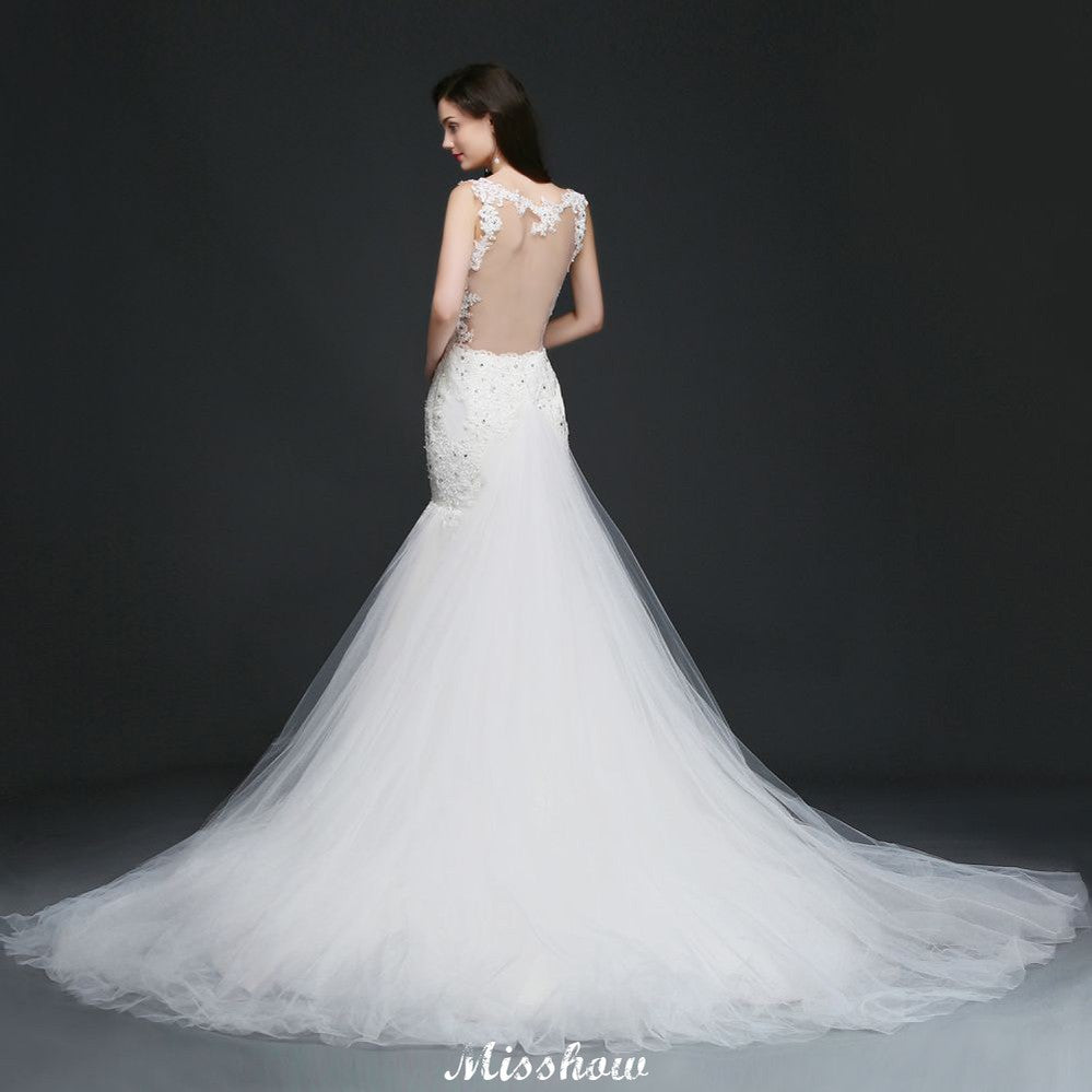 Robe de mariage romantique à fines bretelles et perles, style sirène