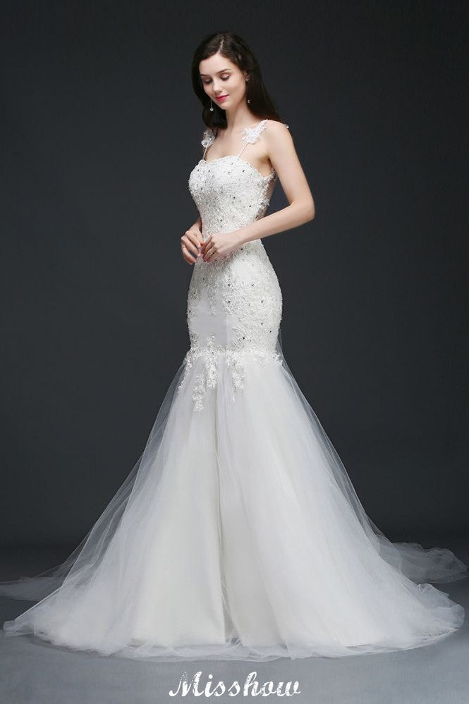 Robe de mariage romantique à fines bretelles et perles, style sirène