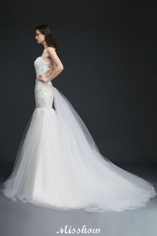Abito da sposa romantico con spalline sottili e perline a sirena