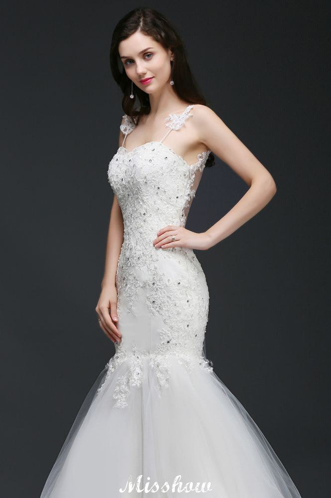 Robe de mariage romantique à fines bretelles et perles, style sirène