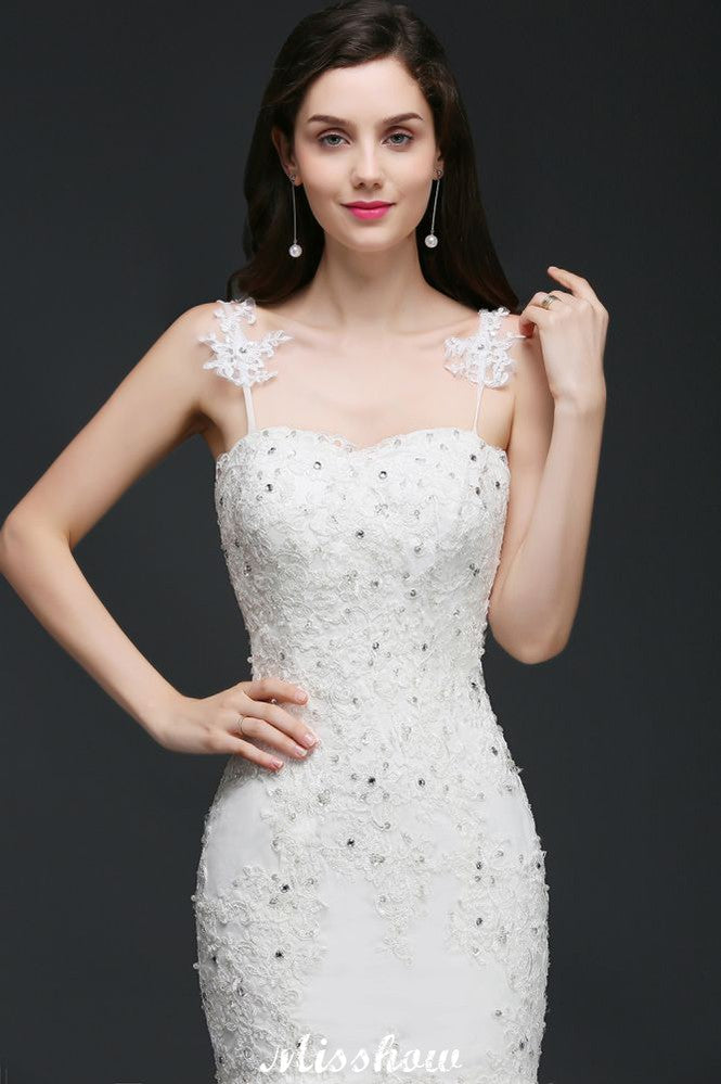 Robe de mariage romantique à fines bretelles et perles, style sirène
