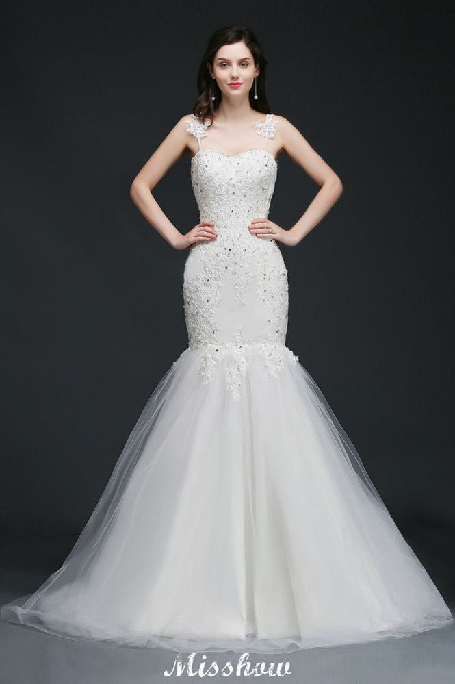 Robe de mariage romantique à fines bretelles et perles, style sirène