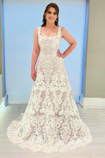 Hermoso vestido de novia largo color marfil sin mangas con encaje cuadrado y apliques en forma de A