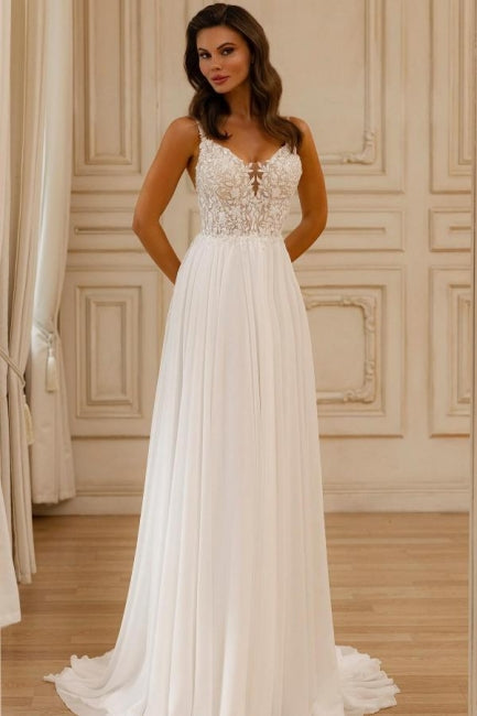 Wunderschönes ärmelloses weißes Brautkleid in A-Linie mit Spitze, V-Ausschnitt und Applikationen
