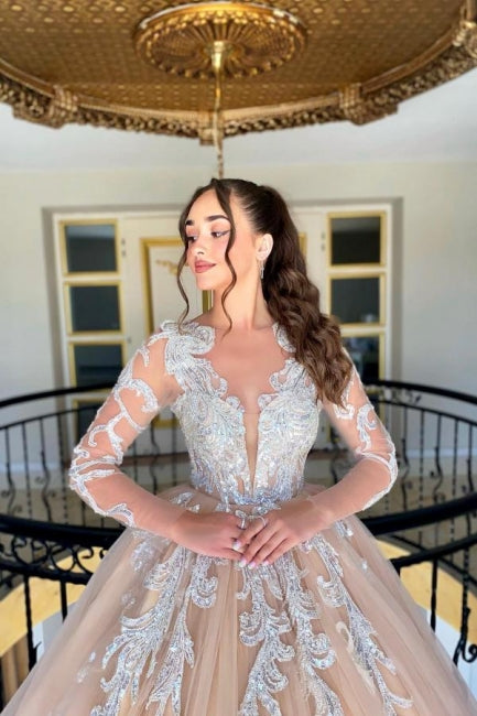 Wunderschönes A-Linien-Brautkleid aus Tüll mit Spitze, V-Ausschnitt, langen Ärmeln und Rüschen