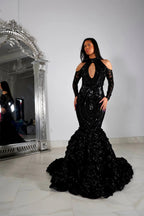 Belle robe de bal sirène noire en dentelle à manches longues