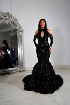 Belle robe de bal sirène noire en dentelle à manches longues