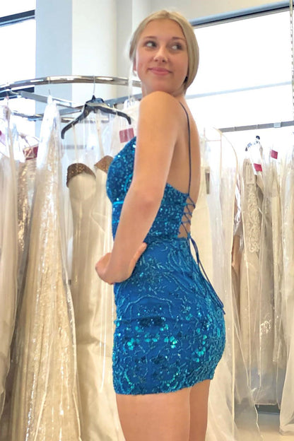 Wunderschönes blaues V-Ausschnitt Spaghettiträger Ärmelloses kurzes Homecoming-Kleid mit Spitze