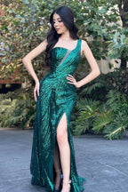 Bellissimo abito da sera in tulle con paillettes, monospalla senza maniche, con spacco frontale