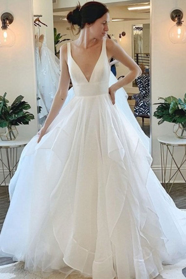 Beautiful Deep V-Neck Sleeveless Tulle Wedding Dress with Ruffless