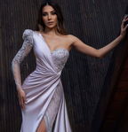 Bellissimo abito da sera lungo rosa | Abiti da cerimonia con maniche di pizzo