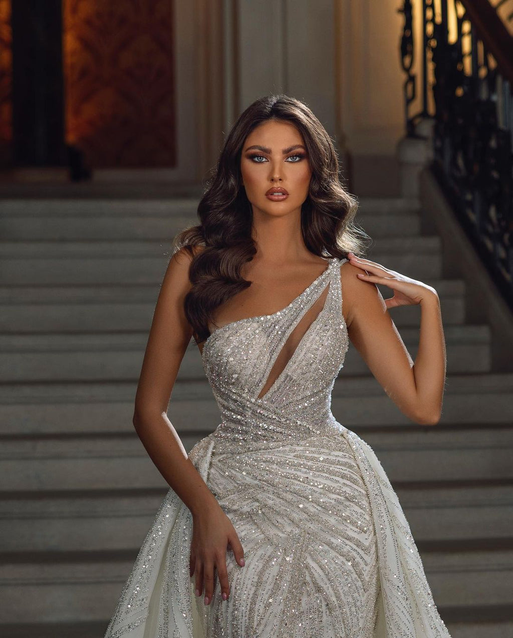 Mermaid Sequined Wedding Gown With Lace Details Floor Length Sleeveless