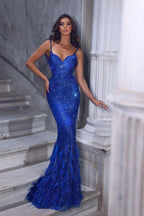 Vestido de Baile Comprido até ao Chão, Decote Coração, Sem Mangas, com Alças Finas, Cauda de Sereia, Bordado a Lantejoulas e Forro de Pêlo