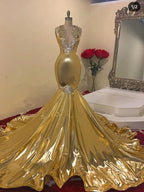Superbes robes de bal sirène longues jusqu'au sol, sans manches, à col en V, ornées de perles dorées