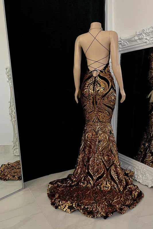 Belle robe de bal sirène sans manches à bretelles croisées au cou