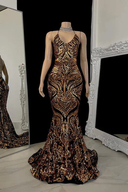 Belle robe de bal sirène sans manches à bretelles croisées au cou