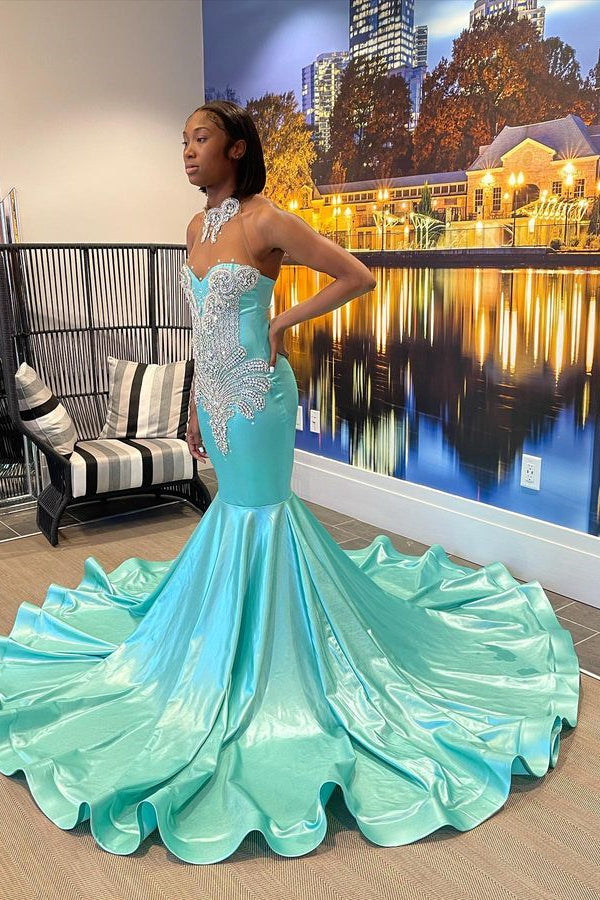 Belle robe de bal sirène sans manches à col montant en forme de cœur avec perles