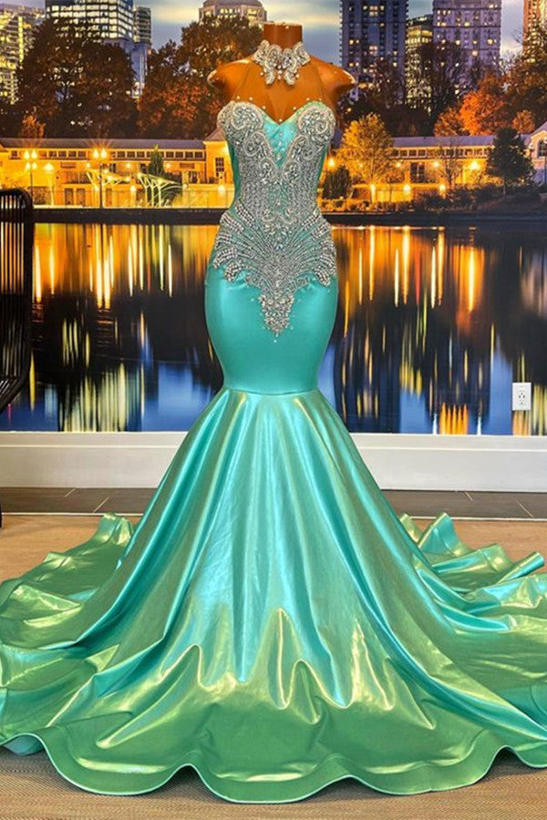 Belle robe de bal sirène sans manches à col montant en forme de cœur avec perles