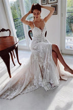 Beautiful Ivory A-Line Lace Wedding Dresses With Slit