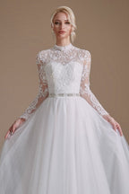 Beautiful Jewel Long-Sleeve A-Line Floor-Length Wedding Dresses with Pattern