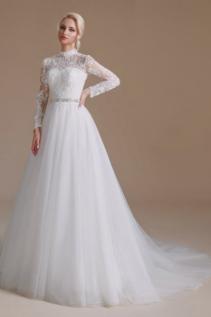 Beautiful Jewel Long-Sleeve A-Line Floor-Length Wedding Dresses with Pattern