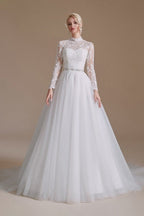 Beautiful Jewel Long-Sleeve A-Line Floor-Length Wedding Dresses with Pattern
