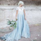 Wunderschönes Spitzenoberteil mit kurzen Ärmeln, Ballkleid in A-Linie, Brautkleider