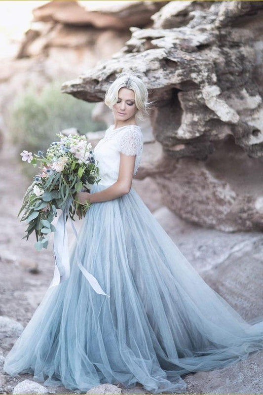 Beautiful lace Top Short Sleeves Prom Dress A Line Wedding Dresses
