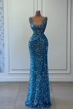Bellissimo abito lungo a linea ad A blu con scollo a V, senza maniche, decorato con paillettes per il ballo di fine anno