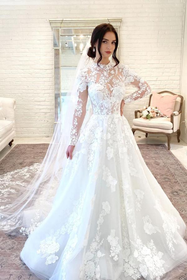 Bellissimo abito da sposa lungo a linea ad A con collo alto, pizzo e schiena scoperta, con maniche