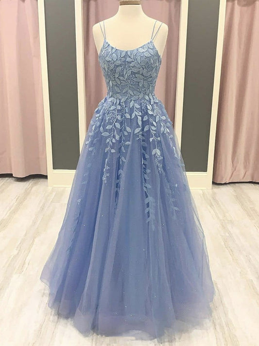 Hermosos vestidos de fiesta formales de tul con escote redondo y corte A largo