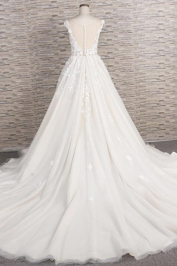 Bellissimo abito da sposa lungo a linea ad A con applicazioni in pizzo di tulle e schiena scoperta
