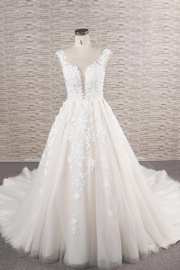 Bellissimo abito da sposa lungo a linea ad A con applicazioni in pizzo di tulle e schiena scoperta
