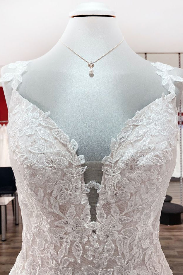 Beautiful Long A-line Tulle Lace V Neck Open Back Wedding Dresses