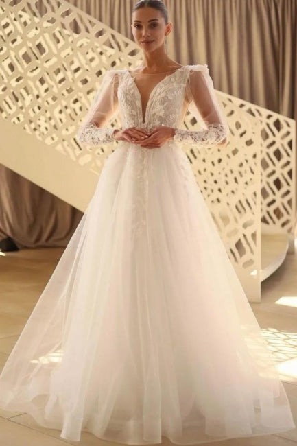 Bellissimo abito da sposa lungo a linea ad A con scollo a V in pizzo e tulle con maniche lunghe