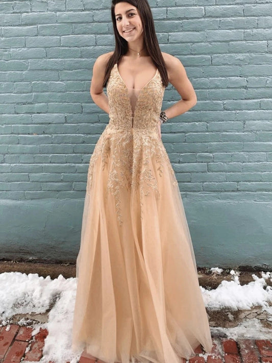 Hermosos vestidos de fiesta formales largos de tul con escote en V y espalda descubierta