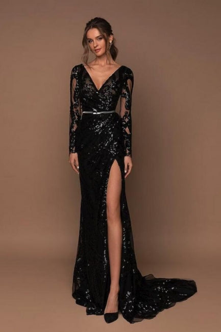 Hermosos vestidos de noche largos negros con escote en V y mangas largas con purpurina y corte sirena.