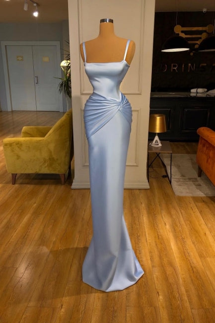 Hermosos vestidos de noche largos de sirena azul con tirantes sencillos para fiesta