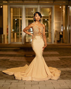 Bellissimo Abito da Sera Lungo a Sirena Champagne Senza Maniche con Perline e Pizzo