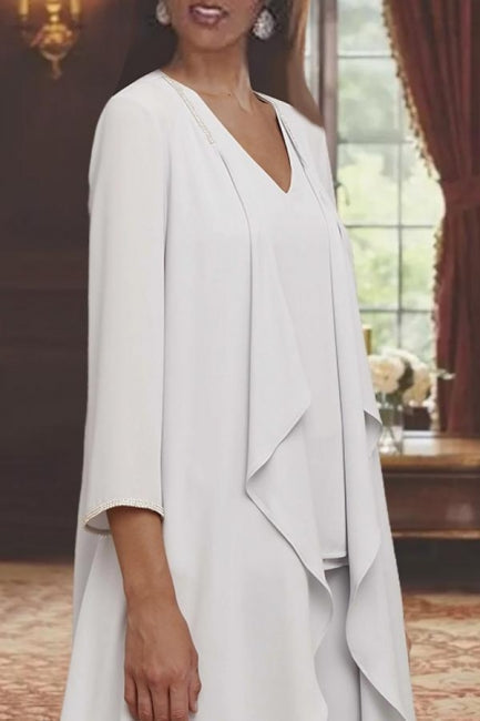 Beau costume long en mousseline simple pour la mère de la mariée avec châle