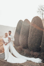 Bellissimo Abito da Sposa Lungo con Paillettes a Sirena e Scollatura a Barca