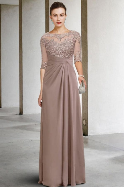 Magnifique robe longue verte en dentelle et mousseline de style trapèze pour mère de la mariée avec manches