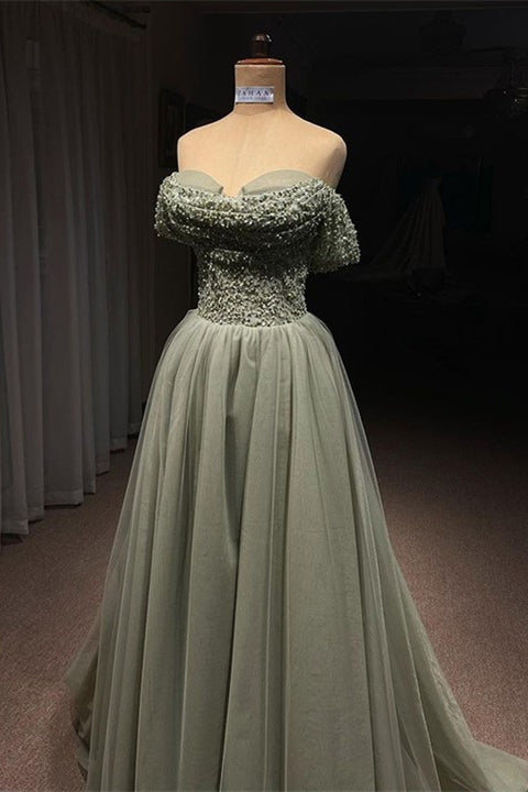 Bellissimo lungo vestito verde a linea ad A con scollo a barca, decorato con paillettes e perline, abito da sera