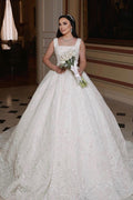 Elegant Long Ivory A Line Sleeveless Wedding Dress With Beaded Lace