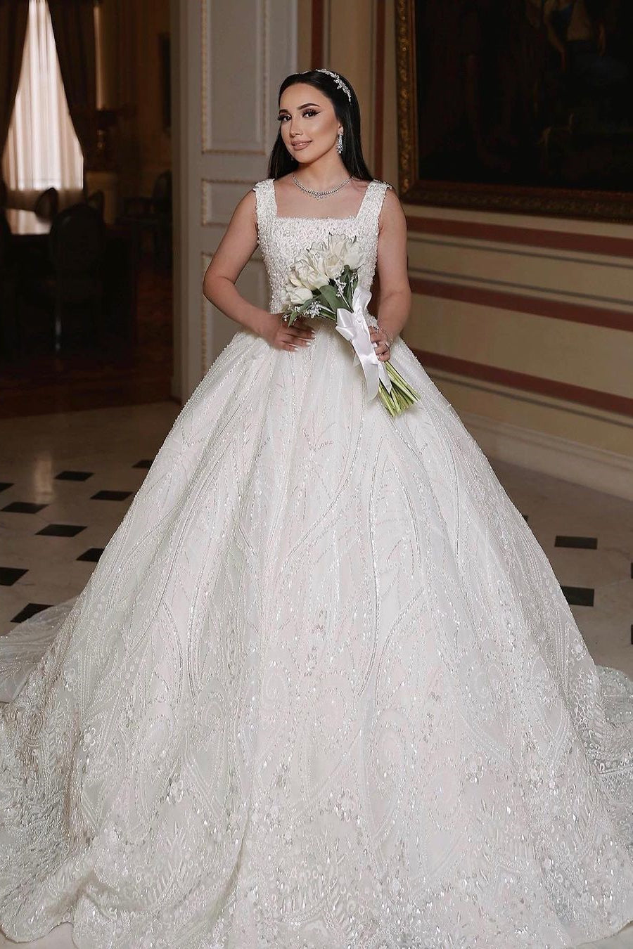 Elegant Long Ivory A Line Sleeveless Wedding Dress With Beaded Lace