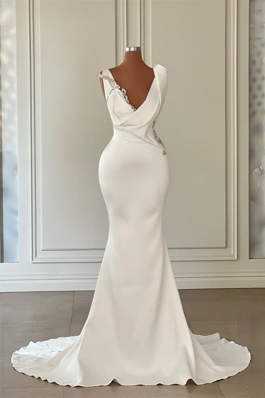 Ivory Mermaid Wedding Dress Satin Beaded V Neck Sleeveless
