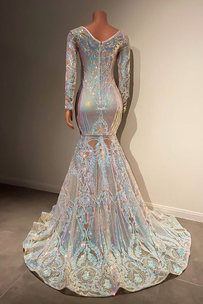 Hermoso vestido de noche largo de sirena con encaje y mangas largas y cola