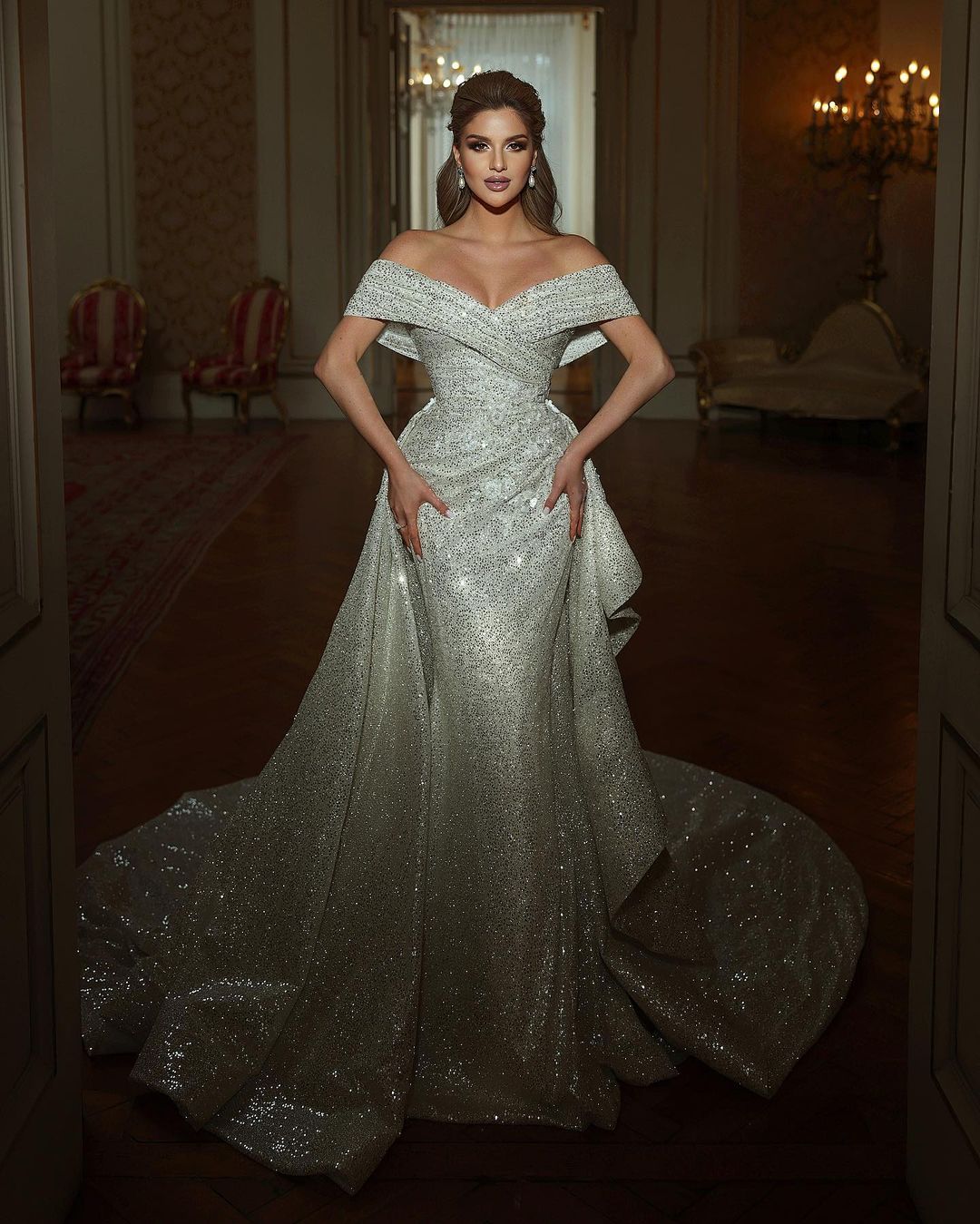 Mermaid Off The Shoulder Sequined Long Sleeveless Wedding Dress